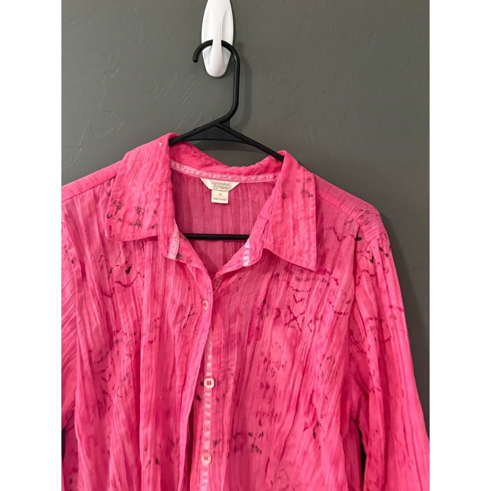 Christopher & Banks Pink Crinkle Button Down Shirt Abstract M Light Peasant - Picture 2 of 8
